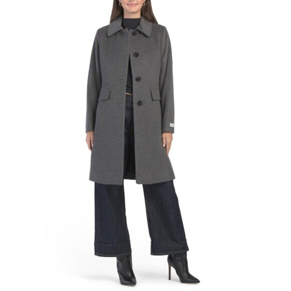 ANNE KLEIN Light Grey Wool Blend Collared Button Front Walker Coat
